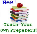 New! Train Your Own Preparers! image shows 8 books stacked on top of each other with an apple on top of them.